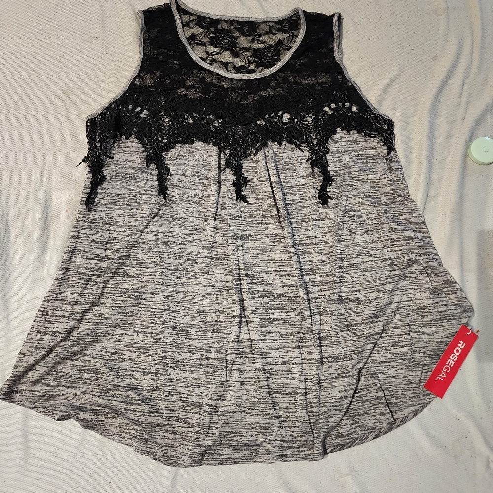 2X Plus Size Lace Panel Space Dye High Low Tank Top